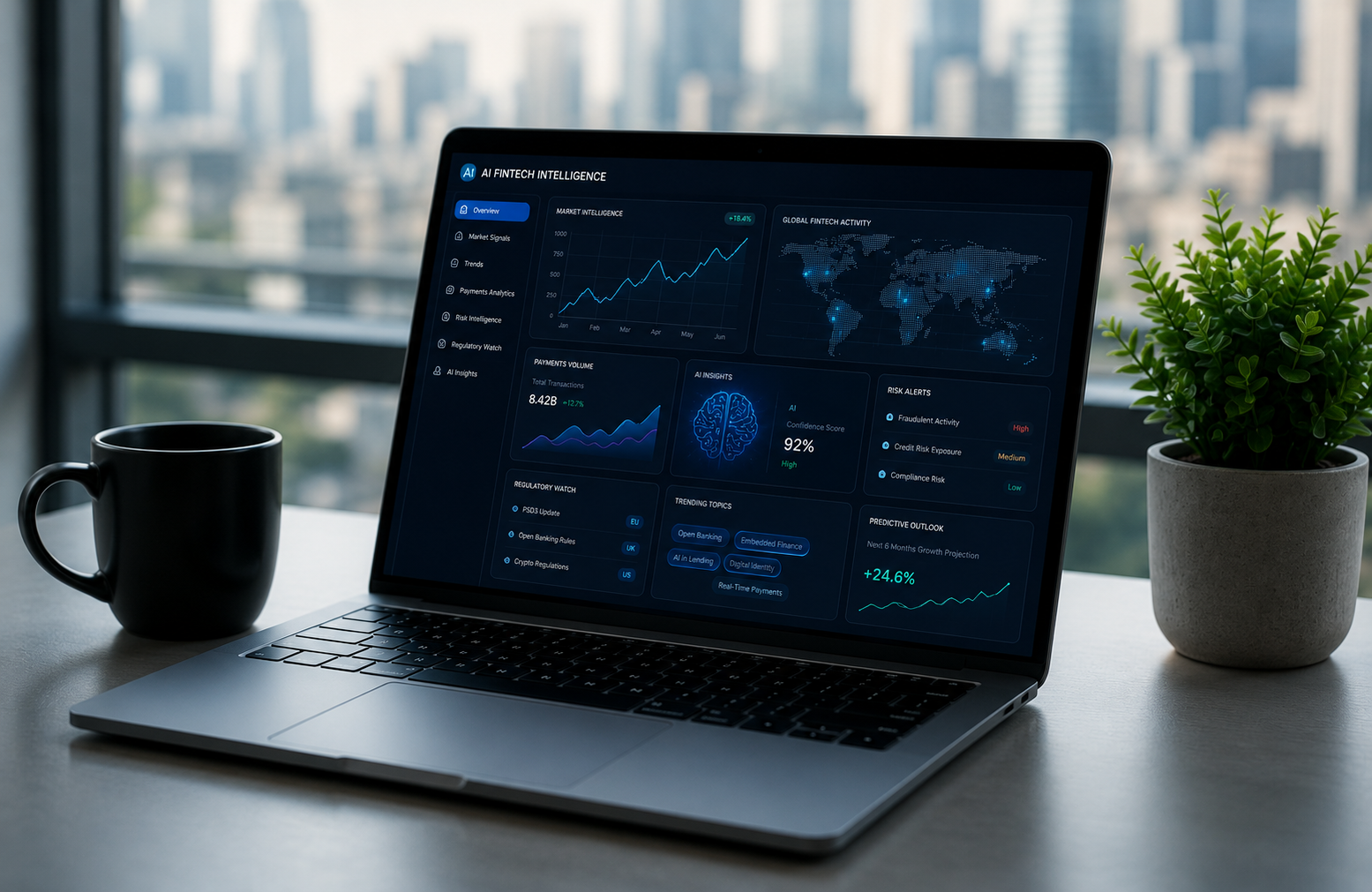 Laptop displaying AI-powered financial dashboards in a modern executive workspace