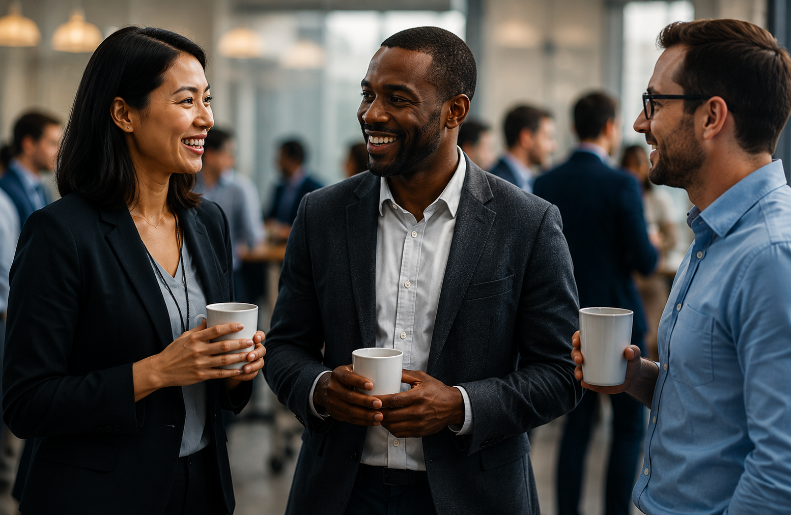 Diverse group of professionals networking and having natural conversations at a conference