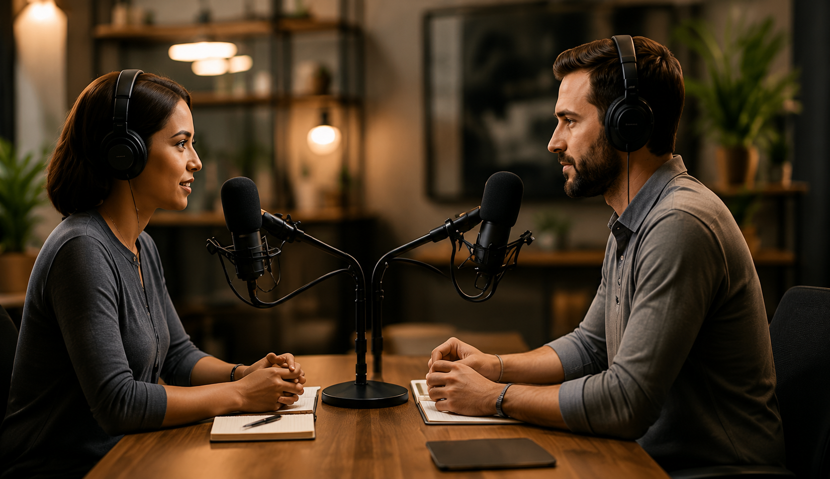 Premium podcast studio with professional microphones and warm lighting