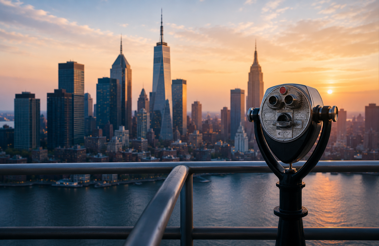 Executive on observation deck overlooking major financial district city skyline